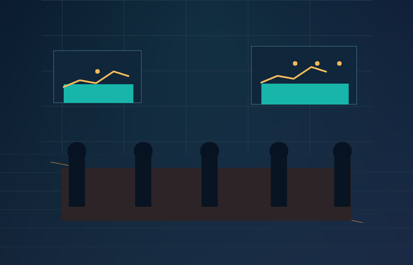 Abstract strategy review room with dashboard screens and a long meeting table